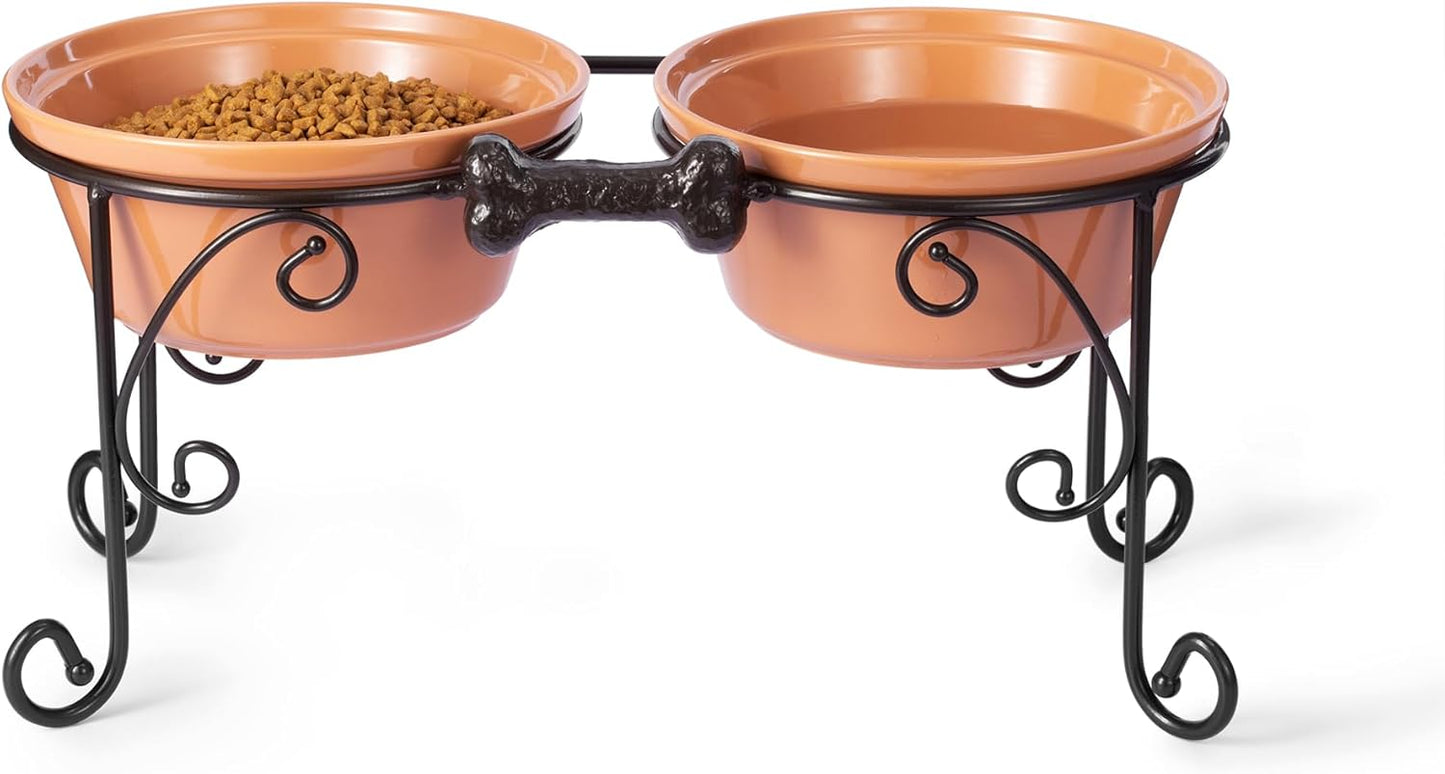 Elevated Dog Bowl Stand with 3 Large Ceramic Bowls – Raised Feeding Station for Medium & Large Dogs, Includes 2 Standard Bowls + 1 Slow Feeder, Durable Iron Frame, Non-Slip (Almond)