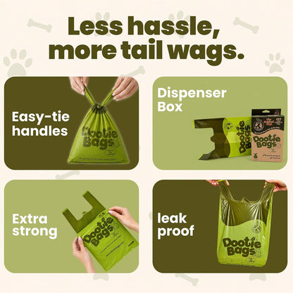 The Original Dootie Bag Is Back! Pooch Approved Large Dootie Bags, Dog Poop Bags. Strong, Leakproof - EZ Tie Handles. Perfect for Dogs & Cat Litter. Pet Waste Cleanup, Swivel Bin &  Scoopers.