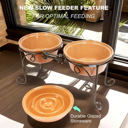 Elevated Dog Bowl Stand with 3 Large Ceramic Bowls – Raised Feeding Station for Medium & Large Dogs, Includes 2 Standard Bowls + 1 Slow Feeder, Durable Iron Frame, Non-Slip (Almond)
