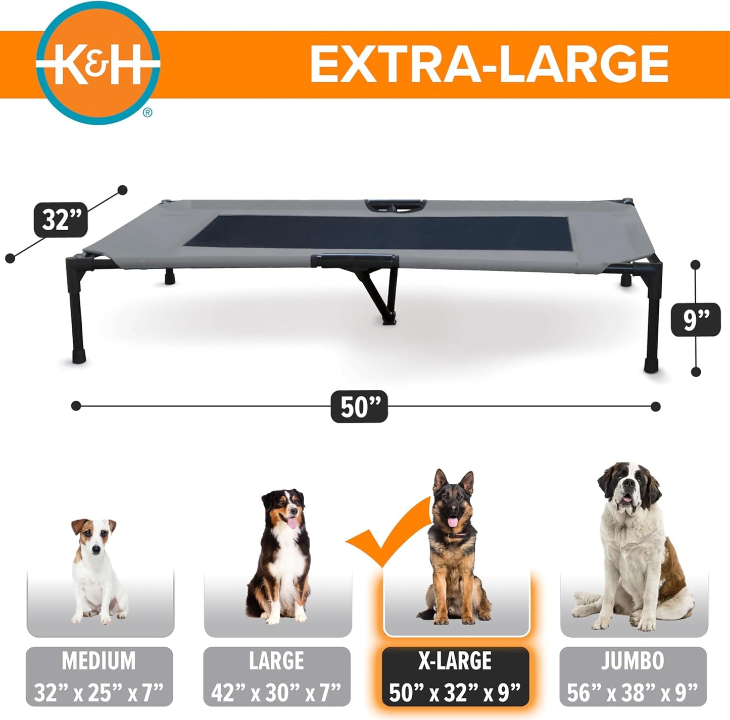 K&H Outdoor Elevated Dog Bed - Ultimate Cooling Raised Bed for Large Breeds, Gray, XL 50" x 32"