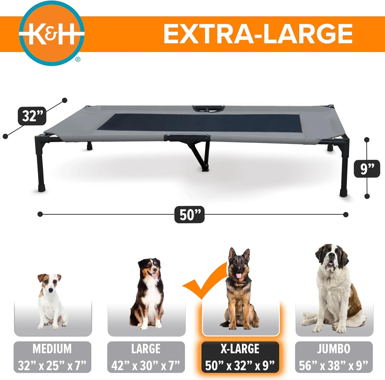 K&H Outdoor Elevated Dog Bed - Ultimate Cooling Raised Bed for Large Breeds, Gray, XL 50" x 32"